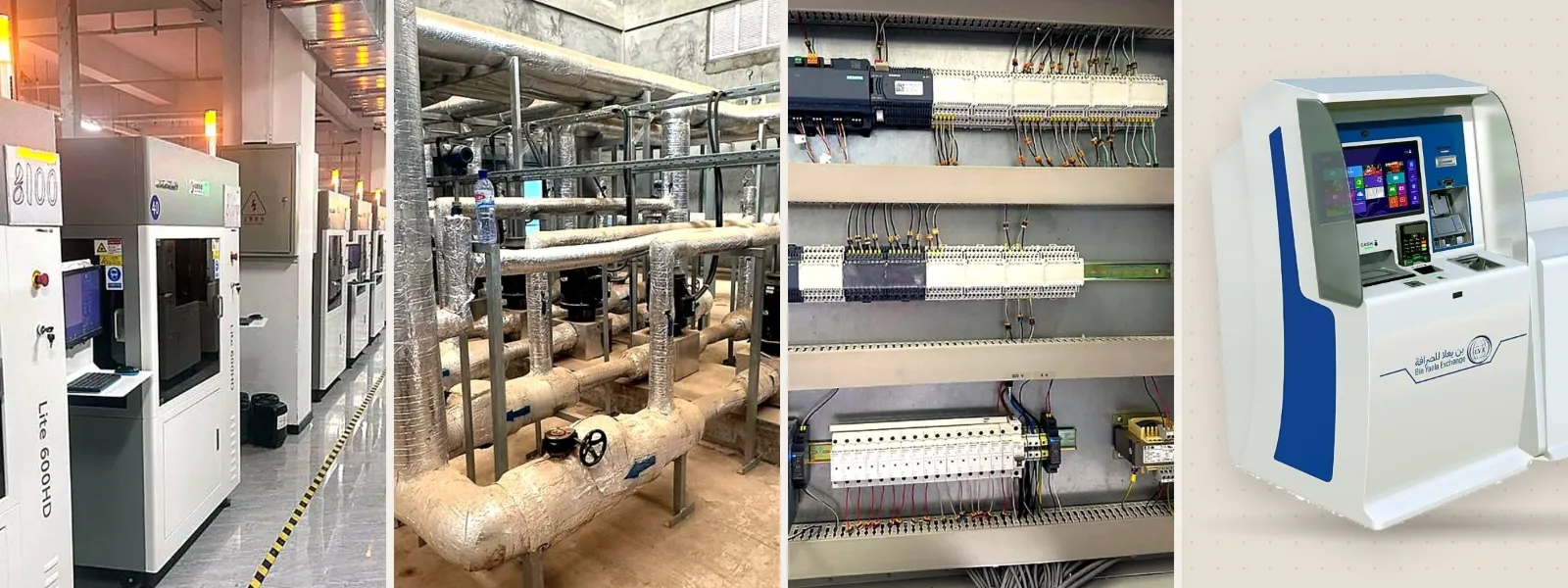 Sard Solution project work: resin 3D printers, an insulated pump plant room, a Siemens control panel and a self-service exchange kiosk